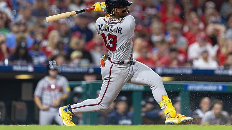 Sep 12, 2023; Philadelphia, Pennsylvania, USA; Atlanta Braves right fielder Ronald Acuna Jr. (13) in action against the Philadelphia Phillies at Citizens Bank Park. Mandatory Credit: Bill Streicher-USA TODAY Sports