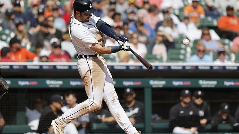 Sep 14, 2023; Detroit, Michigan, USA; Detroit Tigers right fielder Matt Vierling (8) hits a grand slam in the eighth inning against the Cincinnati Reds at Comerica Park. Mandatory Credit: Rick Osentoski-USA TODAY Sports