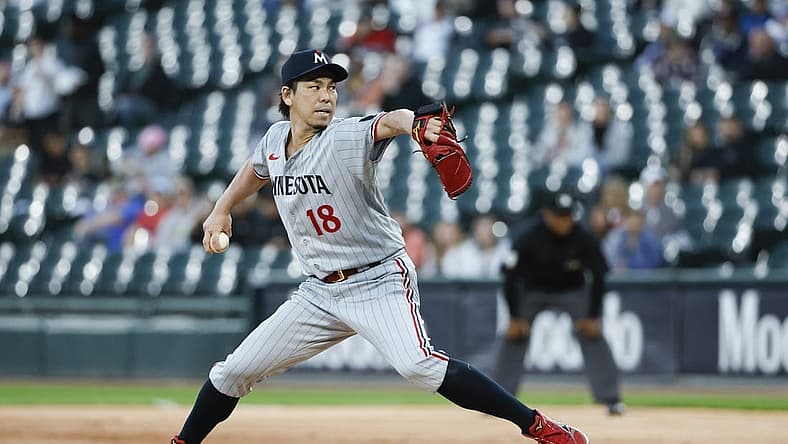 Sep 14, 2023; Chicago, Illinois, USA; Minnesota Twins starting pitcher Kenta Maeda (18) delivers a pitch against the Chicago White Sox during the first inning at Guaranteed Rate Field. Mandatory Credit: Kamil Krzaczynski-USA TODAY Sports