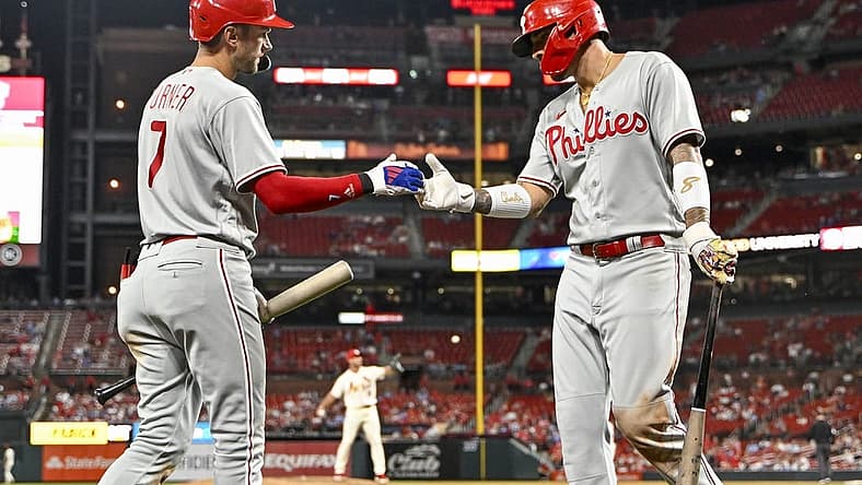 Sep 16, 2023; St. Louis, Missouri, USA;  Philadelphia Phillies right fielder Nick Castellanos (8) celebrates with shortstop Trea Turner (7) after scoring against the St. Louis Cardinals during the ninth inning at Busch Stadium. Mandatory Credit: Jeff Curry-USA TODAY Sports