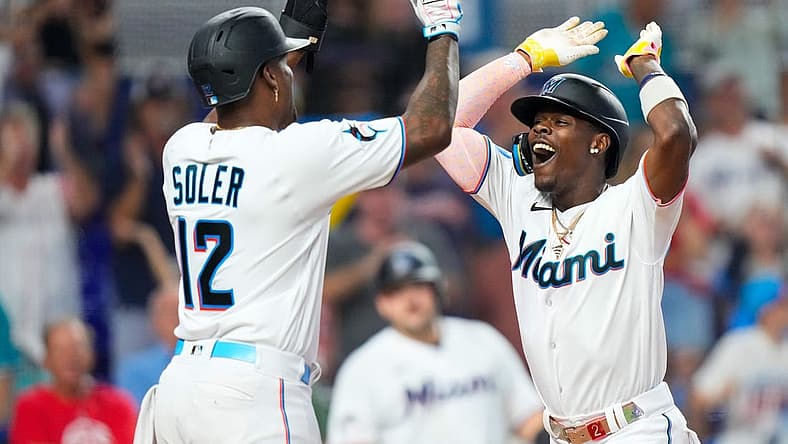 Sep 17, 2023; Miami, Florida, USA; Miami Marlins center fielder Jazz Chisholm Jr. (2) celebrates with Miami Marlins designated hitter Jorge Soler (12) after hitting a grand slam against the Atlanta Braves at loanDepot Park. Mandatory Credit: Rich Storry-USA TODAY Sports