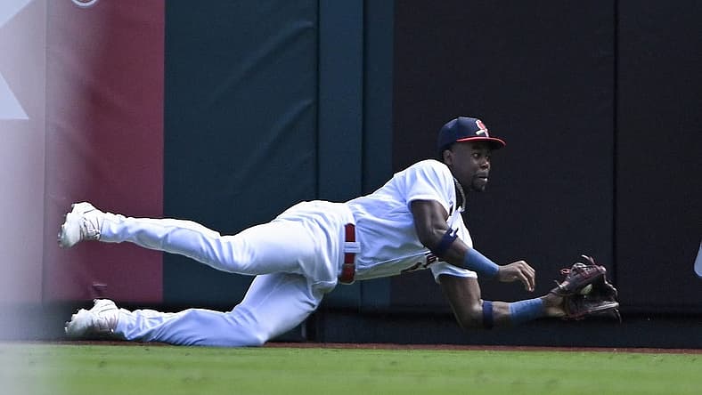 Sep 17, 2023; St. Louis, Missouri, USA; St. Louis Cardinals right fielder Jordan Walker (18) dives and catches a line drive against the Philadelphia Phillies during the first inning at Busch Stadium. Mandatory Credit: Jeff Curry-USA TODAY Sports