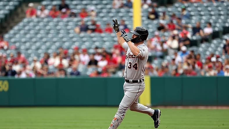 Sep 17, 2023; Anaheim, California, USA; Detroit Tigers catcher Jake Rogers (34) runs around bases after hitting a three-run home run during the third inning against the Los Angeles Angels at Angel Stadium. Mandatory Credit: Kiyoshi Mio-USA TODAY Sports