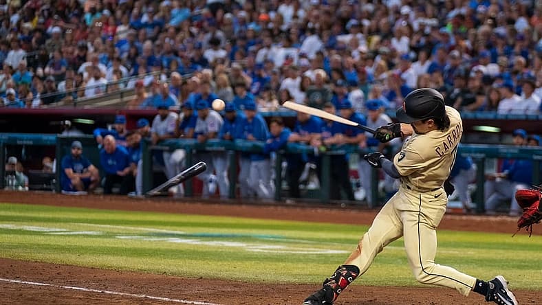 Sep 17, 2023; Phoenix, Arizona, USA; Arizona Diamondbacks outfielder Corbin Carroll (7) breaks his bat during his at bat in the fourth inning against the Chicago Cubs at Chase Field. Mandatory Credit: Allan Henry-USA TODAY Sports
