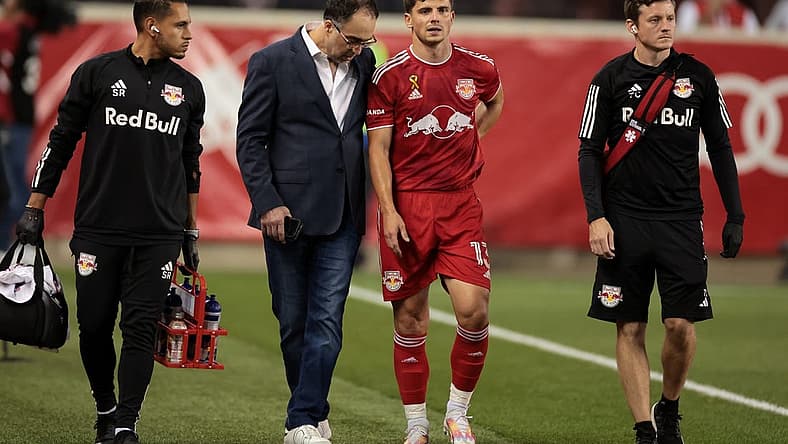Sep 20, 2023; Harrison, New Jersey, USA; New York Red Bulls forward Dante Vanzeir (13) walks with medical staff in the first half against the Austin FC at Red Bull Arena. Mandatory Credit: Vincent Carchietta-USA TODAY Sports