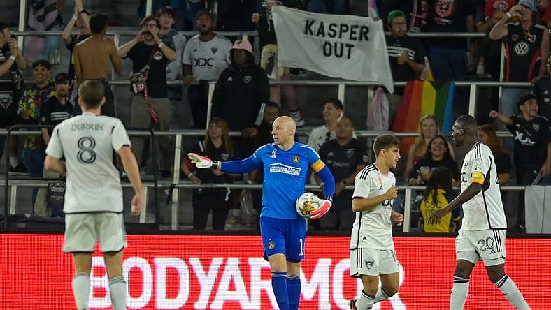 Sep 20, 2023; Washington, District of Columbia, USA; Atlanta United goalkeeper Brad Guzan (1) collects a loose ball during the first half against the D.C. United at Audi Field. Mandatory Credit: Tommy Gilligan-USA TODAY Sports