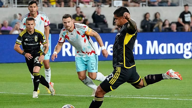 Sep 20, 2023; Columbus, Ohio, USA; Columbus Crew forward Cucho Hernandez (9) fires a shot past Chicago Fire defender Rafael Czichos (5) during the first half of the MLS soccer game at Lower.com Field.