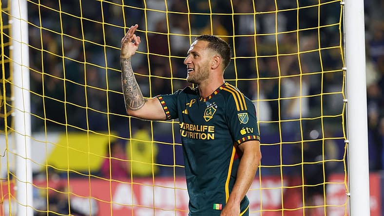 Sep 20, 2023; Carson, California, USA; Los Angeles Galaxy forward Billy Sharp (27) reacts to scoring a goal during the second half against Minnesota United FC at Dignity Health Sports Park. Mandatory Credit: Kiyoshi Mio-USA TODAY Sports