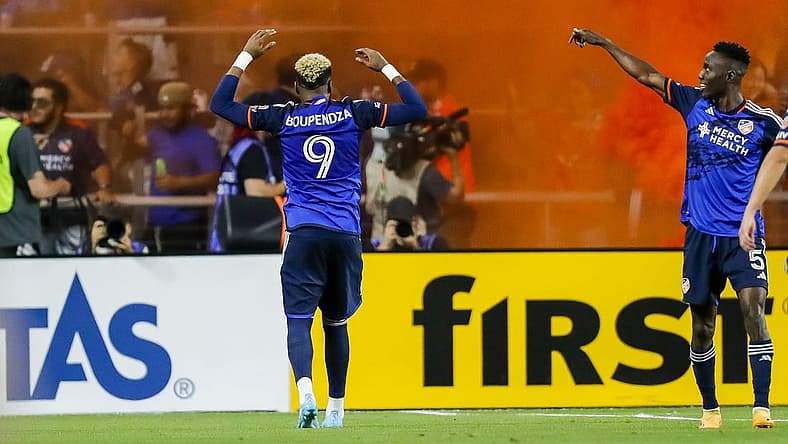 Sep 23, 2023; Cincinnati, Ohio, USA; FC Cincinnati forward Aaron Boupendza (9) reacts after scoring a goal against Charlotte FC in the second half at TQL Stadium. Mandatory Credit: Katie Stratman-USA TODAY Sports