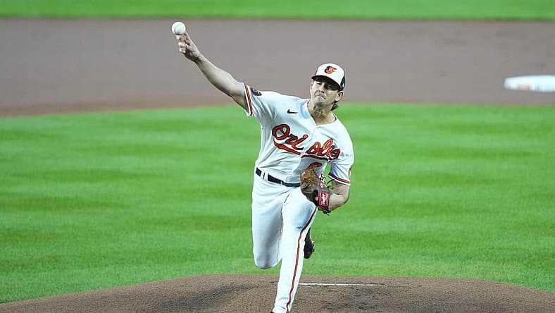 Sep 28, 2023; Baltimore, Maryland, USA; Baltimore Orioles pitcher Dean Kremer (64) delivers a pitch against the Boston Red Sox during the first inning at Oriole Park at Camden Yards. Mandatory Credit: Gregory Fisher-USA TODAY Sports