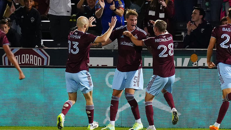 Sep 30, 2023; Commerce City, Colorado, USA; Colorado Rapids defender Andreas Maxs (5) celebrates his goal with defender Andrew Gutman (13) and midfielder Sam Nicholson (28) in the first half against the Austin FC at Dick's Sporting Goods Park. Mandatory Credit: Ron Chenoy-USA TODAY Sports