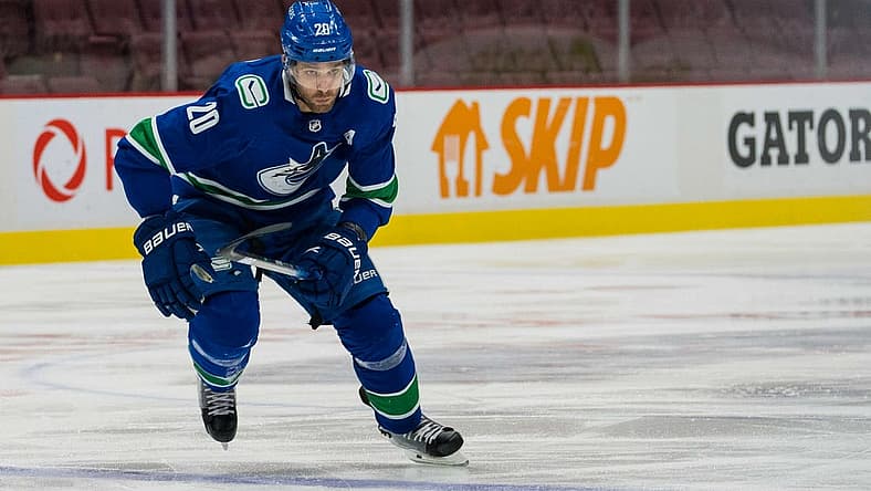 Apr 18, 2021; Vancouver, British Columbia, CAN; Vancouver Canucks forward Brandon Sutter (20) skates against the Toronto Maple Leafs at Rogers Arena. Canucks won 3- 2 in Overtime. Mandatory Credit: Bob Frid-USA TODAY Sports
