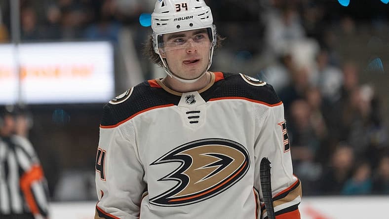 Apr 26, 2022; San Jose, California, USA; Anaheim Ducks defenseman Jamie Drysdale (34) during the second period against the San Jose Sharks at SAP Center at San Jose. Mandatory Credit: Stan Szeto-USA TODAY Sports