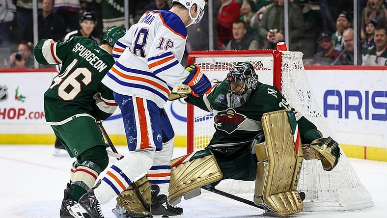 Dec 12, 2022; Saint Paul, Minnesota, USA; Minnesota Wild goaltender Marc-Andre Fleury (29) makes a save against the Edmonton Oilers during the third period at Xcel Energy Center. Mandatory Credit: Matt Krohn-USA TODAY Sports