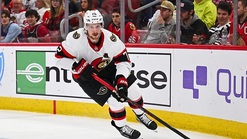 Mar 6, 2023; Chicago, Illinois, USA; Ottawa Senators defenseman Thomas Chabot (72) skates against the Chicago Blackhawks at United Center. Mandatory Credit: Jamie Sabau-USA TODAY Sports