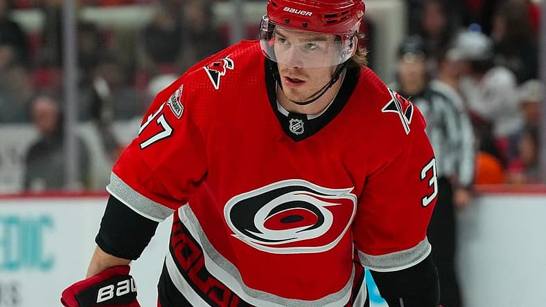 Mar 9, 2023; Raleigh, North Carolina, USA; Carolina Hurricanes right wing Andrei Svechnikov (37) looks on against the Philadelphia Flyers during the first period at PNC Arena. Mandatory Credit: James Guillory-USA TODAY Sports