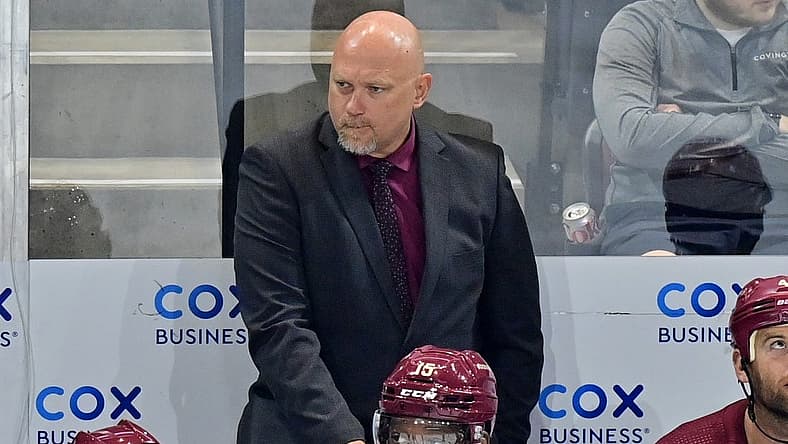 Mar 16, 2023; Tempe, Arizona, USA;  Arizona Coyotes head coach Andre Tourigny looks on in the first period against the Vancouver Canucks at Mullett Arena. Mandatory Credit: Matt Kartozian-USA TODAY Sports