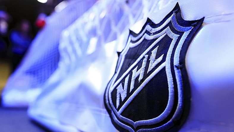 Mar 24, 2023; Columbus, Ohio, USA;  The NHL logo is seen on the game net prior to the game between the New York Islanders and the Columbus Blue Jackets at Nationwide Arena. Mandatory Credit: Aaron Doster-USA TODAY Sports
