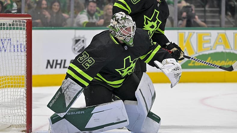 Mar 25, 2023; Dallas, Texas, USA; Dallas Stars goaltender Matt Murray (32) faces the Vancouver Canucks attack during the first period at the American Airlines Center. Mandatory Credit: Jerome Miron-USA TODAY Sports