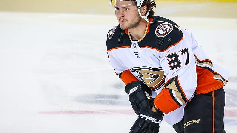 Apr 2, 2023; Calgary, Alberta, CAN; Anaheim Ducks center Mason McTavish (37) skates during the warmup period against the Calgary Flames at Scotiabank Saddledome. Mandatory Credit: Sergei Belski-USA TODAY Sports