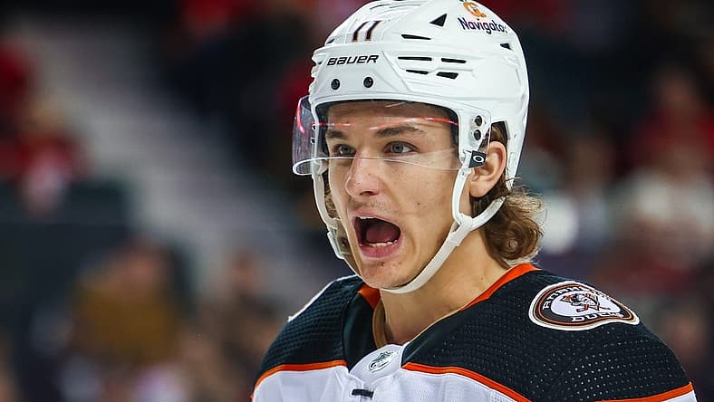 Apr 2, 2023; Calgary, Alberta, CAN; Anaheim Ducks center Trevor Zegras (11) reacts during the third period against the Calgary Flames at Scotiabank Saddledome. Mandatory Credit: Sergei Belski-USA TODAY Sports