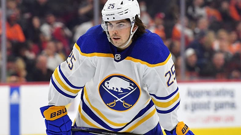 Apr 1, 2023; Philadelphia, Pennsylvania, USA; Buffalo Sabres defenseman Owen Power (25) against the Philadelphia Flyers at Wells Fargo Center. Mandatory Credit: Eric Hartline-USA TODAY Sports