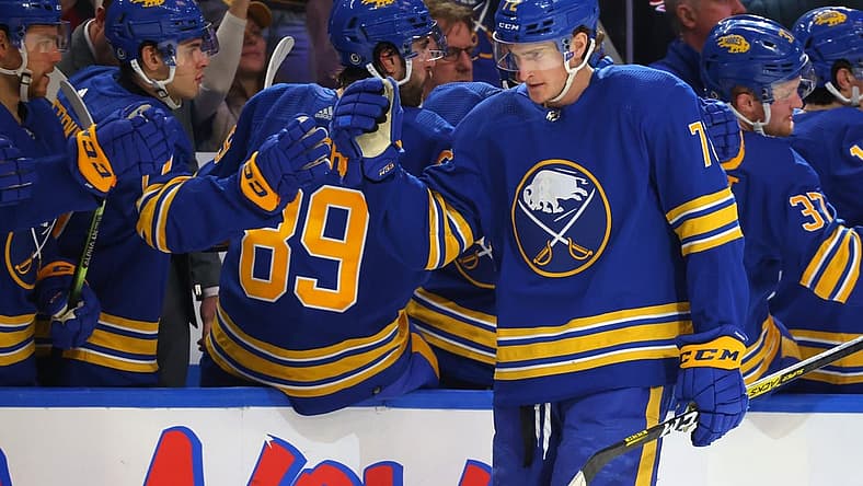 Apr 8, 2023; Buffalo, New York, USA; Buffalo Sabres center Tage Thompson (72) celebrates his goal with teammates during the third period against the Carolina Hurricanes at KeyBank Center. Mandatory Credit: Timothy T. Ludwig-USA TODAY Sports