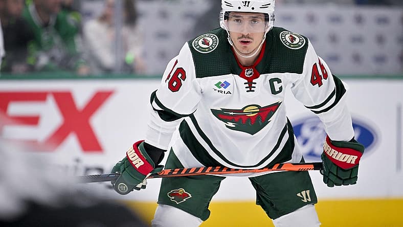 Apr 17, 2023; Dallas, Texas, USA; Minnesota Wild defenseman Jared Spurgeon (46) in action during the game between the Dallas Stars and the Minnesota Wild in game one of the first round of the 2023 Stanley Cup Playoffs at the American Airlines Center. Mandatory Credit: Jerome Miron-USA TODAY Sports