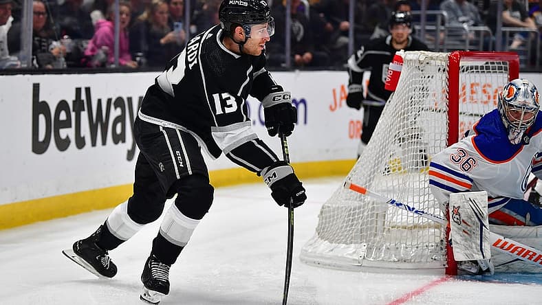 Apr 23, 2023; Los Angeles, California, USA; Los Angeles Kings right wing Gabriel Vilardi (13) passes the puck as Edmonton Oilers goaltender Jack Campbell (36) defends the goal during the second period in game four of the first round of the 2023 Stanley Cup Playoffs at Crypto.com Arena. Mandatory Credit: Gary A. Vasquez-USA TODAY Sports