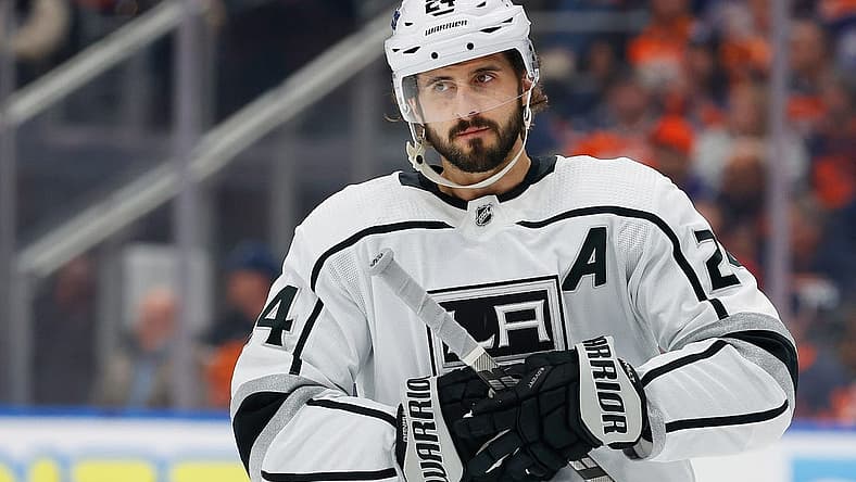 Apr 25, 2023; Edmonton, Alberta, CAN; Los Angeles Kings forward Phillip Danault (24) skates against the Edmonton Oilers in game five of the first round of the 2023 Stanley Cup Playoffs at Rogers Place. Mandatory Credit: Perry Nelson-USA TODAY Sports