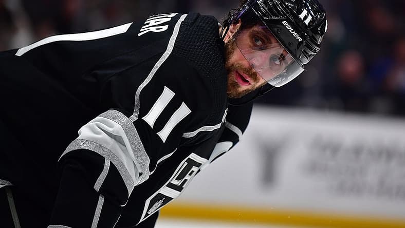 Apr 29, 2023; Los Angeles, California, USA; Los Angeles Kings center Anze Kopitar (11) reacts during the third period in game six of the first round of the 2023 Stanley Cup Playoffs at Crypto.com Arena. Mandatory Credit: Gary A. Vasquez-USA TODAY Sports