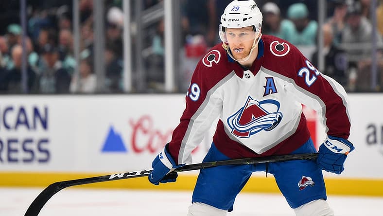 Apr 28, 2023; Seattle, Washington, USA; Colorado Avalanche center Nathan MacKinnon (29) in game six of the first round of the 2023 Stanely Cup Playoffs at Climate Pledge Arena. Mandatory Credit: Steven Bisig-USA TODAY Sports