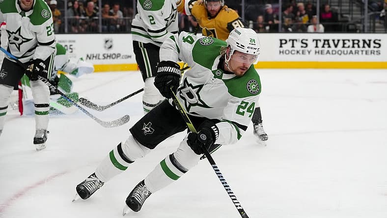 May 27, 2023; Las Vegas, Nevada, USA; Dallas Stars center Roope Hintz (24) skates with the puck against the Vegas Golden Knights during the second period in game five of the Western Conference Finals of the 2023 Stanley Cup Playoffs at T-Mobile Arena. Mandatory Credit: Stephen R. Sylvanie-USA TODAY Sports