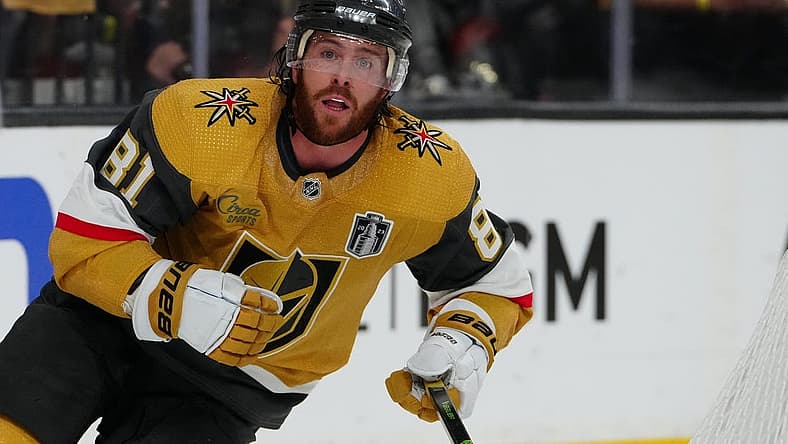 Jun 13, 2023; Las Vegas, Nevada, USA; Vegas Golden Knights forward Jonathan Marchessault (81) skates against the Florida Panthers during the second period in game five of the 2023 Stanley Cup Final at T-Mobile Arena. Mandatory Credit: Stephen R. Sylvanie-USA TODAY Sports