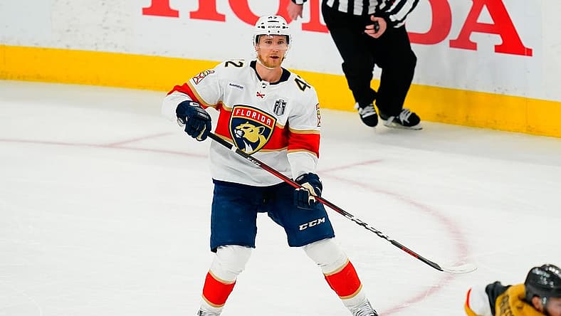 Jun 13, 2023; Las Vegas, Nevada, USA; Florida Panthers defenseman Gustav Forsling (42) competes during game five of the 2023 Stanley Cup Final against the Vegas Golden Knights at T-Mobile Arena. Mandatory Credit: Lucas Peltier-USA TODAY Sports