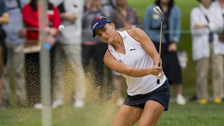 Aug 25, 2023; Vancouver, British Columbia, CAN; Lexi Thompson hits out of the bunker on the eighth hole during the second round of the CPKC Women's Open golf tournament at Shaughnessy Golf & Country Club. Mandatory Credit: Bob Frid-USA TODAY Sports
