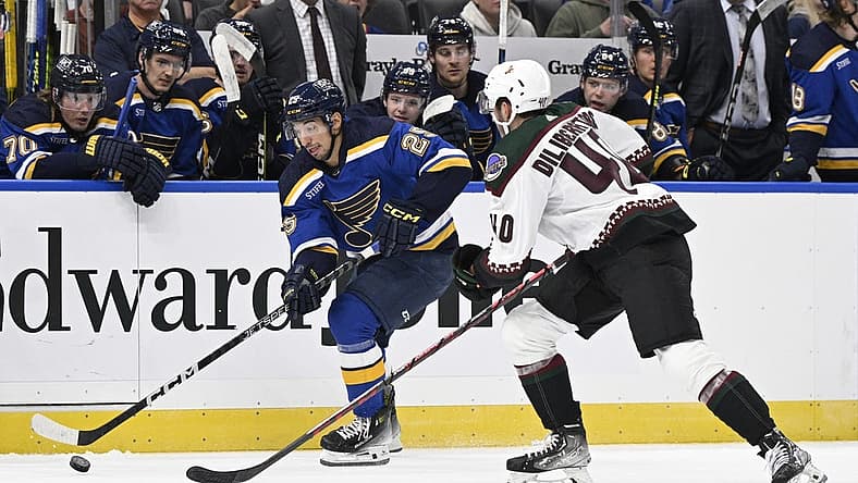 Sep 23, 2023; St. Louis, Missouri, USA; St. Louis Blues center Jordan Kyrou (25) controls the puck from Arizona Coyotes defenseman Peter Diliberatore (40) during the second period at Enterprise Center. Mandatory Credit: Jeff Le-USA TODAY Sports