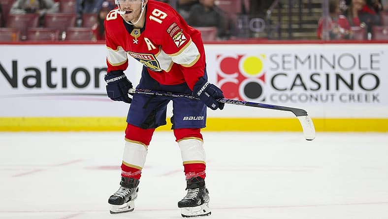 Sep 25, 2023; Sunrise, Florida, USA; Florida Panthers forward Matthew Tkachuk (19) looks on against the Nashville Predators during the first period at Amerant Bank Arena. Mandatory Credit: Sam Navarro-USA TODAY Sports