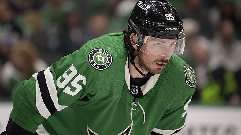 Sep 26, 2023; Dallas, Texas, USA; Dallas Stars center Matt Duchene (95) in action during the game between the Dallas Stars and the Minnesota Wild at the American Airlines Center. Mandatory Credit: Jerome Miron-USA TODAY Sports