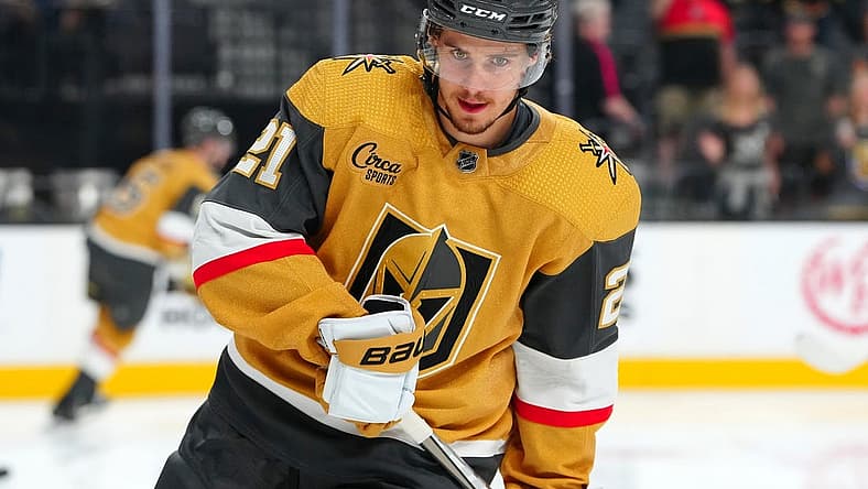 Sep 27, 2023; Las Vegas, Nevada, USA; Vegas Golden Knights center Brett Howden (21) warms up before a preseason game against the Los Angeles Kings at T-Mobile Arena. Mandatory Credit: Stephen R. Sylvanie-USA TODAY Sports