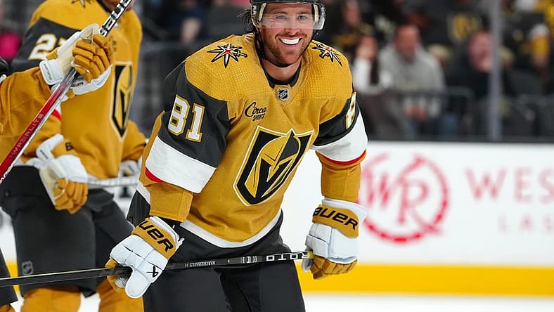 Sep 27, 2023; Las Vegas, Nevada, USA; Vegas Golden Knights right wing Jonathan Marchessault (81) looks towards Vegas Golden Knights defenseman Alex Pietrangelo (7) before taking a face off against the Los Angeles Kings during the third period at T-Mobile Arena. Mandatory Credit: Stephen R. Sylvanie-USA TODAY Sports