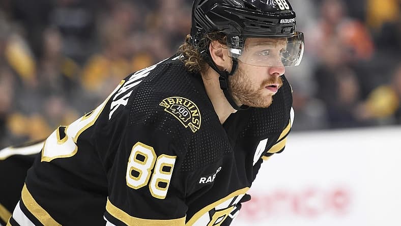 Sep 29, 2023; Boston, Massachusetts, USA; Boston Bruins right wing David Pastrnak (88) gets ready for a face-off during the second period against the Philadelphia Flyers at TD Garden. Mandatory Credit: Bob DeChiara-USA TODAY Sports