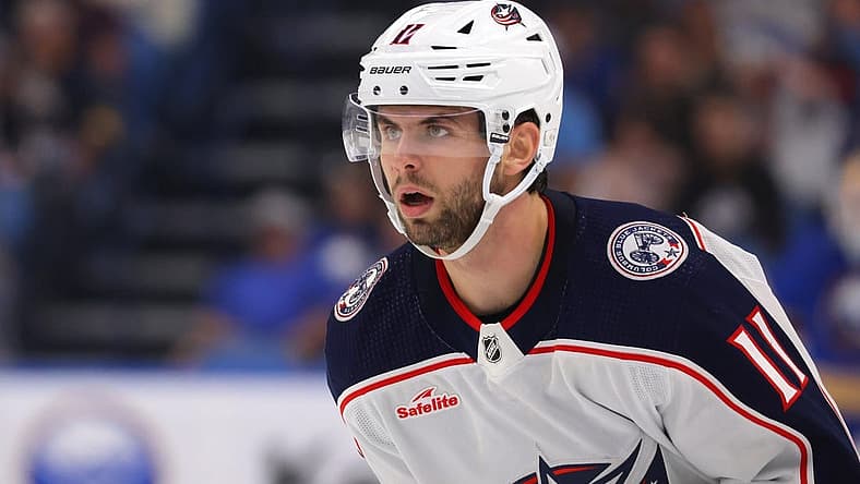Sep 30, 2023; Buffalo, New York, USA;  Columbus Blue Jackets center Adam Fantilli (11) on the ice during the second period against the Buffalo Sabres at KeyBank Center. Mandatory Credit: Timothy T. Ludwig-USA TODAY Sports