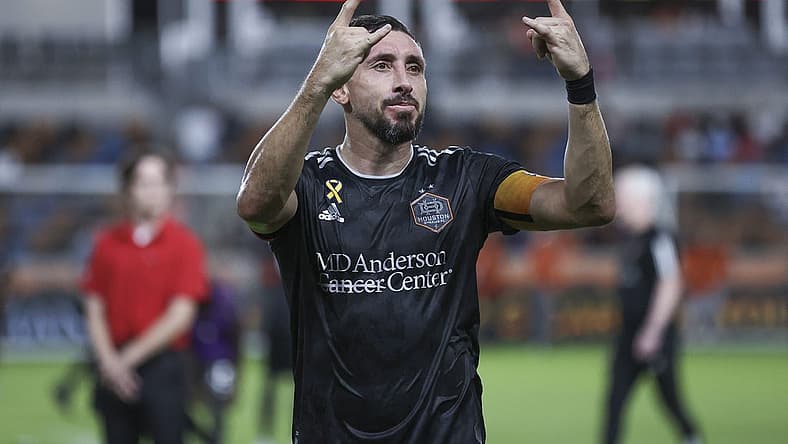 Sep 30, 2023; Houston, Texas, USA; Houston Dynamo FC midfielder Hector Herrera (16) reacts after the match against the FC Dallas at Shell Energy Stadium. Mandatory Credit: Troy Taormina-USA TODAY Sports