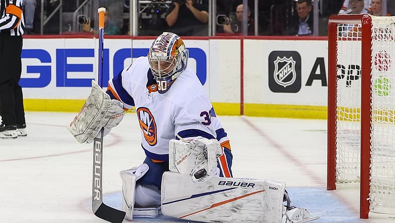 Oct 2, 2023; Newark, New Jersey, USA; New York Islanders goaltender Ilya Sorokin (30) makes a save against the New Jersey Devils during the second period at Prudential Center. Mandatory Credit: Ed Mulholland-USA TODAY Sports