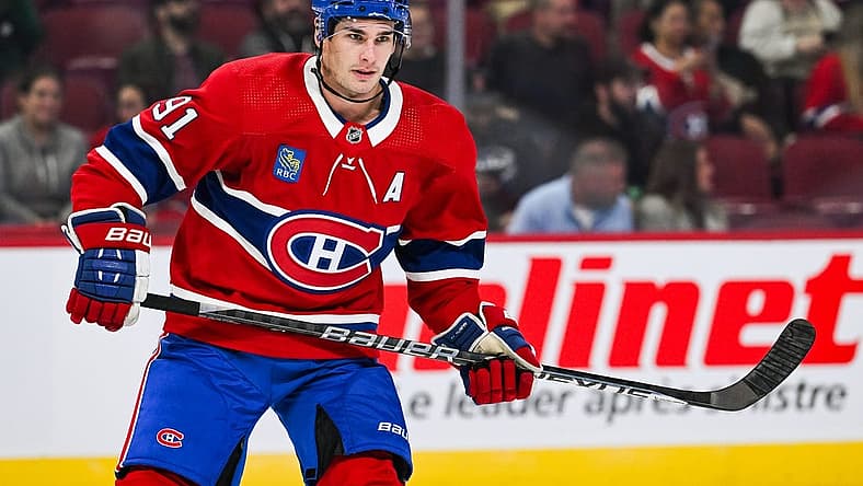 Sep 27, 2023; Montreal, Quebec, CAN; Montreal Canadiens center Sean Monahan (91) looks on against the Ottawa Senators during the first period at Bell Centre. Mandatory Credit: David Kirouac-USA TODAY Sports