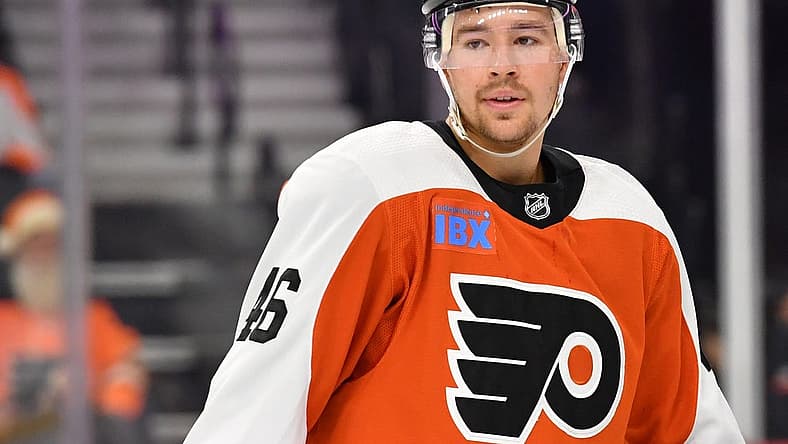 Oct 2, 2023; Philadelphia, Pennsylvania, USA; Philadelphia Flyers right wing Bobby Brink (46) against the Boston Bruins at Wells Fargo Center. Mandatory Credit: Eric Hartline-USA TODAY Sports