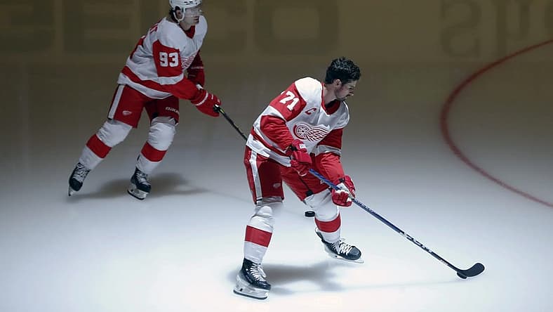 Oct 4, 2023; Pittsburgh, Pennsylvania, USA; Detroit Red Wings right wing Alex DeBrincat (93) and center Dylan Larkin (71) takes the ice to warm up before the game against the Pittsburgh Penguins at PPG Paints Arena. Mandatory Credit: Charles LeClaire-USA TODAY Sports