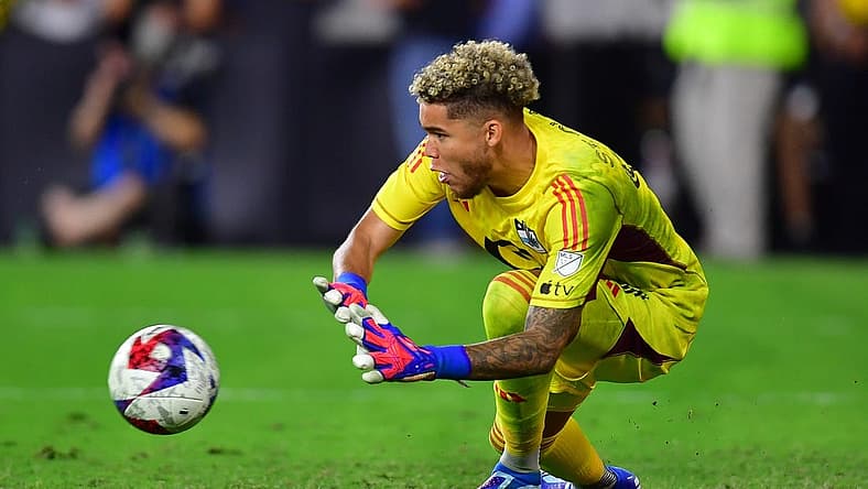 Oct 4, 2023; Los Angeles, California, USA; Minnesota United goalkeeper Dayne St. Clair (97) stops a shot against Los Angeles FC during the second half at BMO Stadium. Mandatory Credit: Gary A. Vasquez-USA TODAY Sports