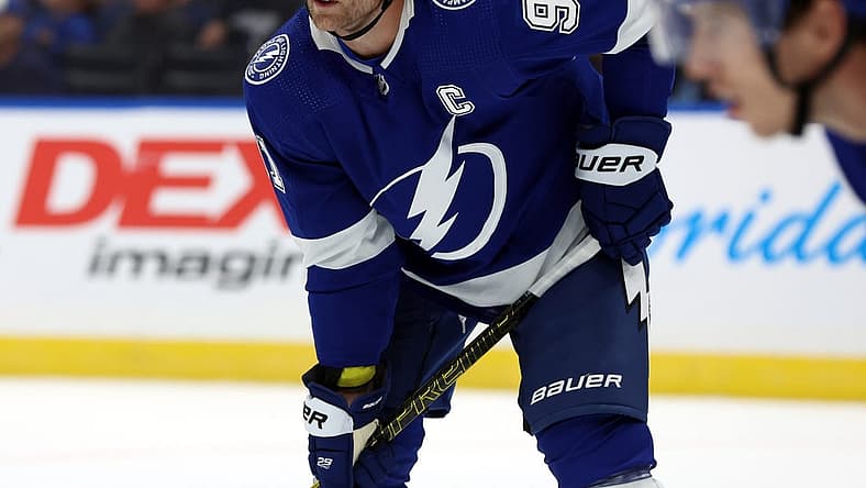 Oct 5, 2023; Tampa, Florida, USA;Tampa Bay Lightning center Steven Stamkos (91) looks on against the Florida Panthers during the first period at Amalie Arena. Mandatory Credit: Kim Klement Neitzel-USA TODAY Sports